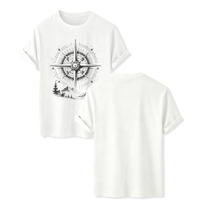 Black Ink Hand Drawn Mountain Compass Graphic Western T-shirt - White - 2XL - image 5