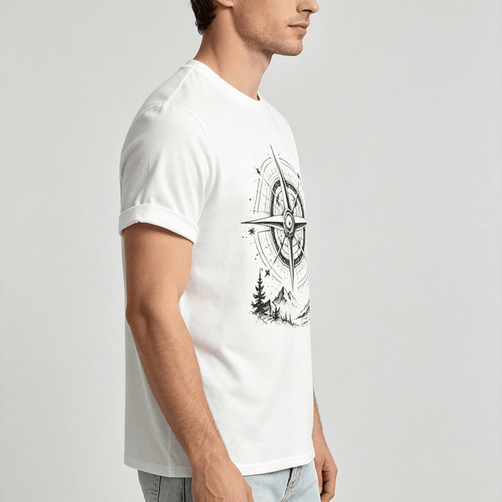 Black Ink Hand Drawn Mountain Compass Graphic Western T-shirt - image 2
