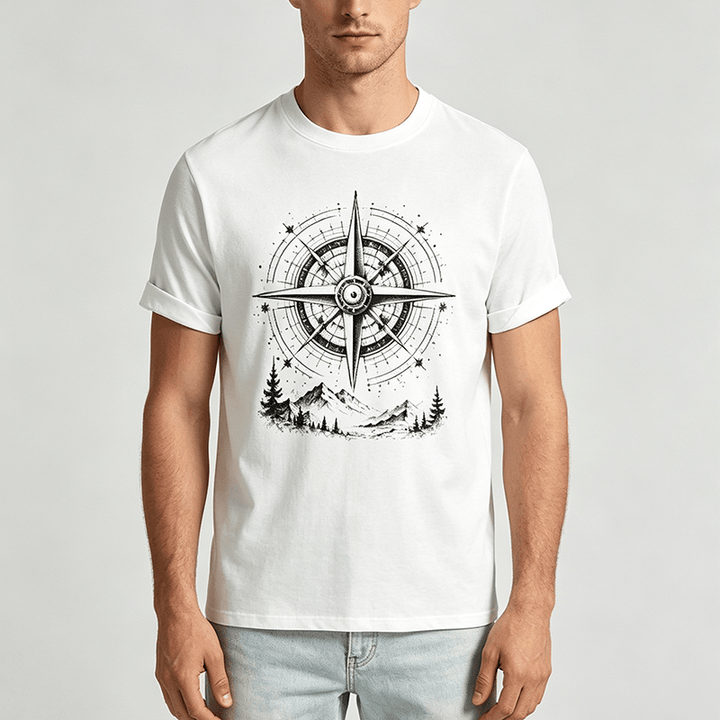 Black Ink Hand Drawn Mountain Compass Graphic Western T-shirt - image 1