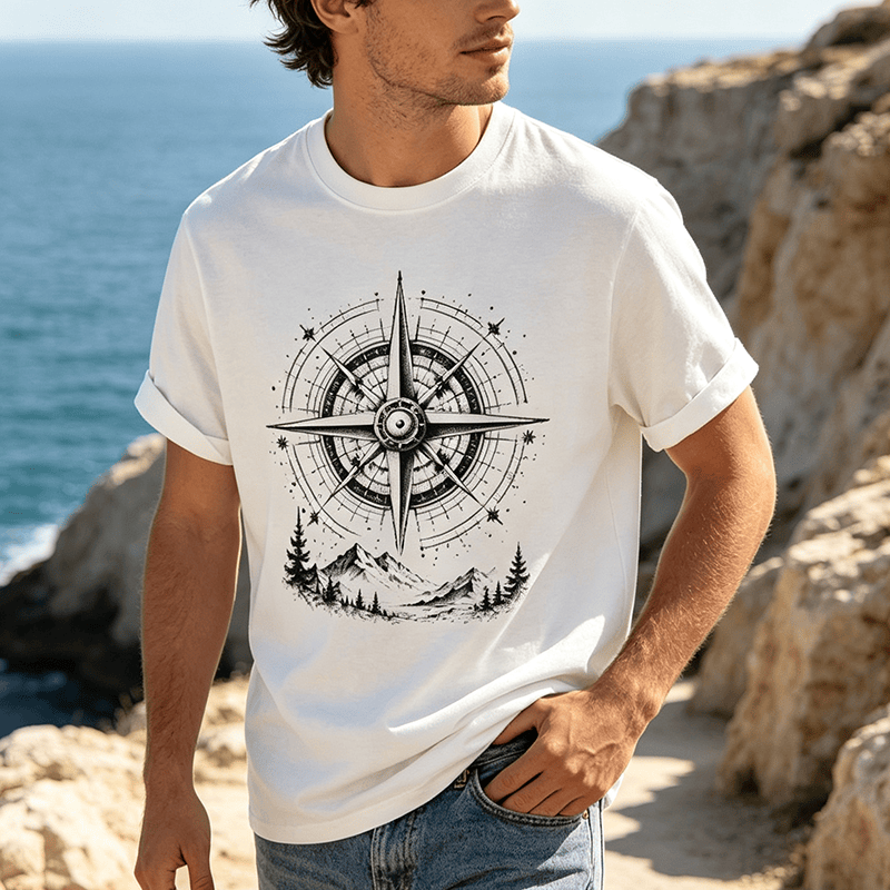 Black Ink Hand Drawn Mountain Compass Graphic Western T-shirt - image 0