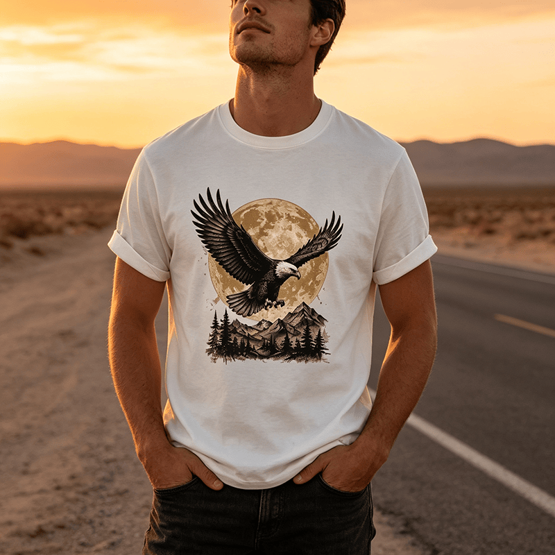 Vintage Bald Eagle Full Moon Mountain Graphic Western T-shirt - image 0