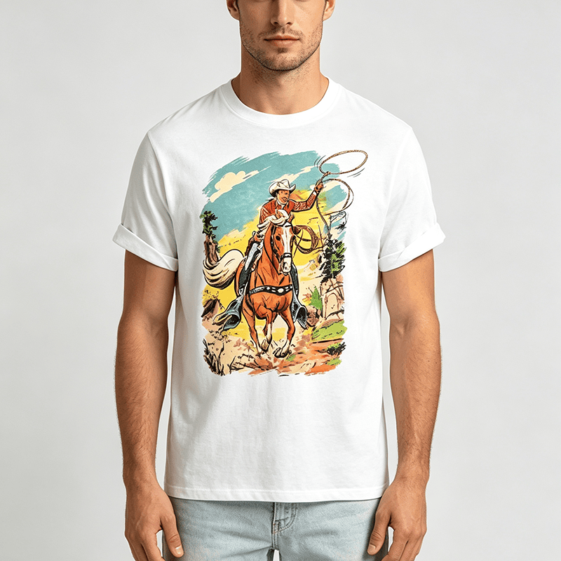 Vintage Comic Cowboy Lasso Western Graphic Print Shirt - image 1