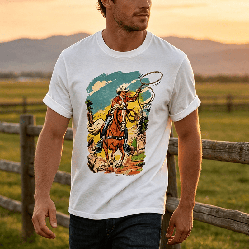 Vintage Comic Cowboy Lasso Western Graphic Print Shirt - image 0