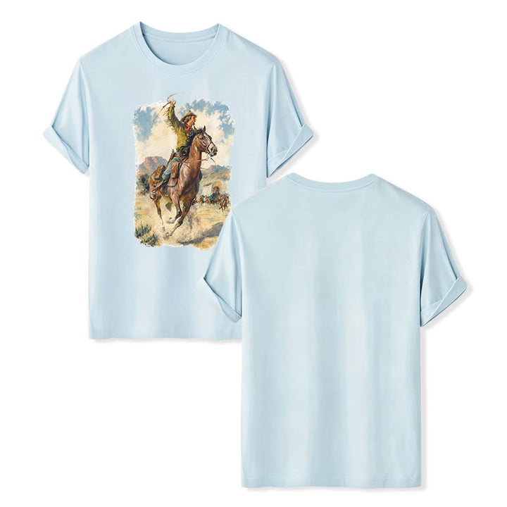 Vintage Oil Painting Cowboy Whip Wild Western Shirt - Blue - 2XL - image 9