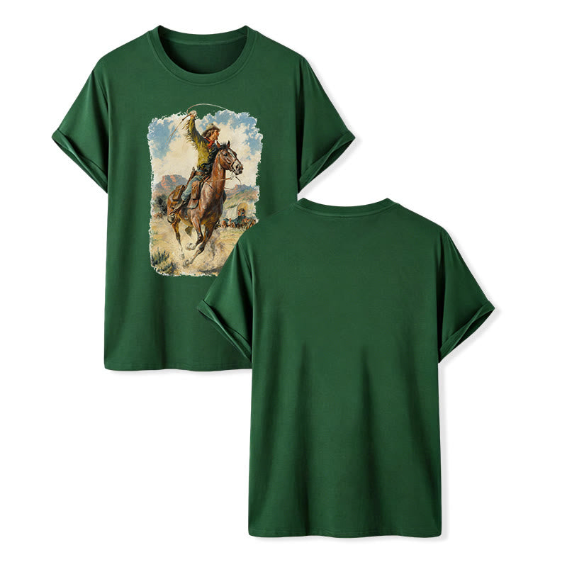 Vintage Oil Painting Cowboy Whip Wild Western Shirt - Dark Green - 2XL - image 13