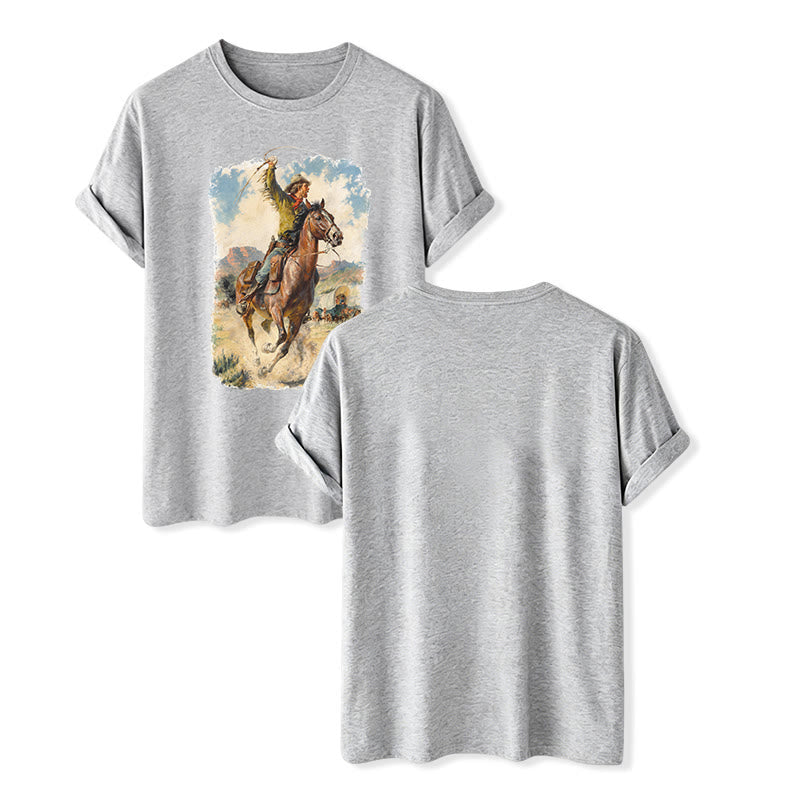 Vintage Oil Painting Cowboy Whip Wild Western Shirt - Gray - 2XL - image 8