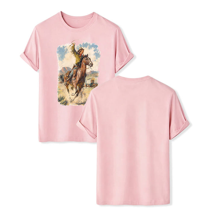 Vintage Oil Painting Cowboy Whip Wild Western Shirt - Pink - 2XL - image 7