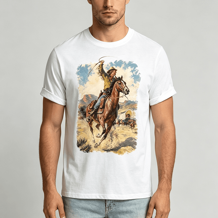 Vintage Oil Painting Cowboy Whip Wild Western Shirt - image 1