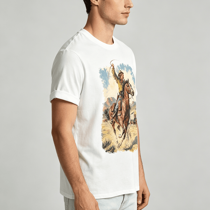 Vintage Oil Painting Cowboy Whip Wild Western Shirt - image 2