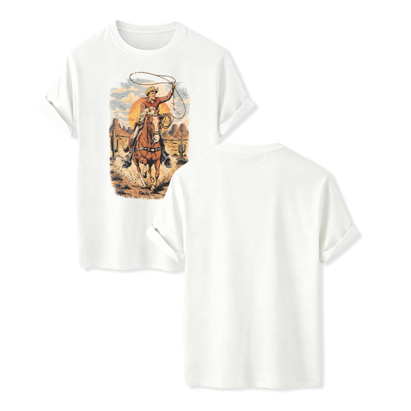 Sunset Desert Cowboy Lasso Graphic Print Shirt - White - 2XL - image 5