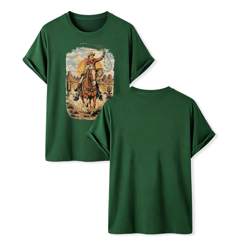 Sunset Desert Cowboy Lasso Graphic Print Shirt - Dark Green - 2XL - image 13