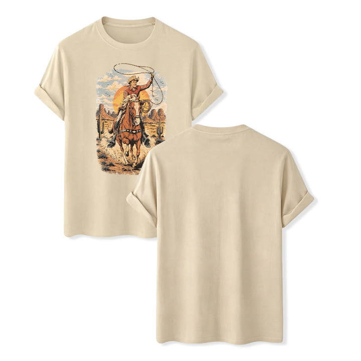 Sunset Desert Cowboy Lasso Graphic Print Shirt - Beige - 2XL - image 6