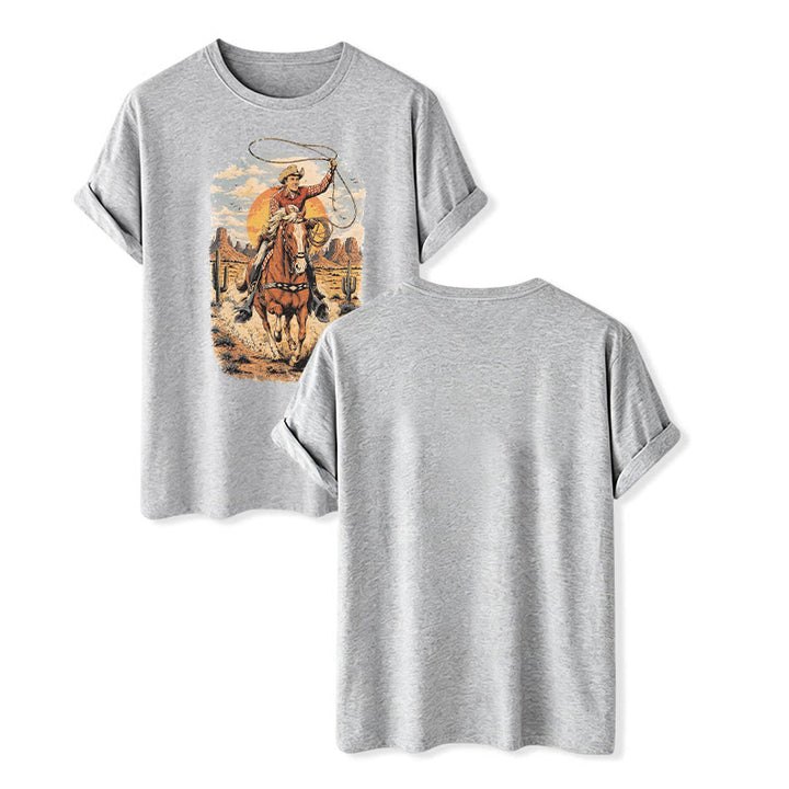 Sunset Desert Cowboy Lasso Graphic Print Shirt - Gray - 2XL - image 8