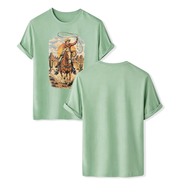 Sunset Desert Cowboy Lasso Graphic Print Shirt - Green - 2XL - image 10
