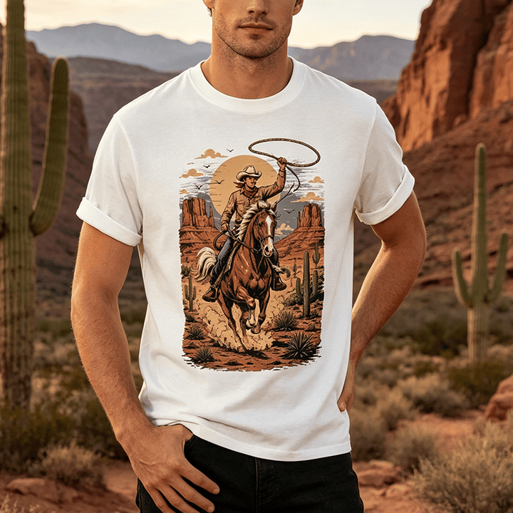 Retro Canyon Cowboy Lasso Graphic Print Shirt - image 0