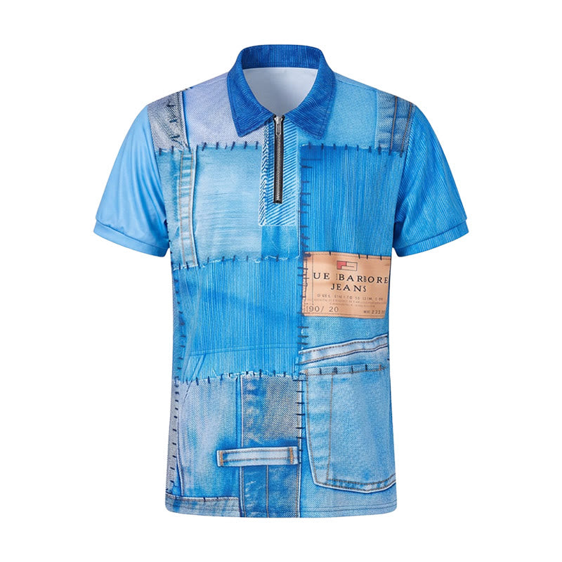 Retro Blue Denim Patchwork 3D Print Zip Collar Polo Shirt - image 8