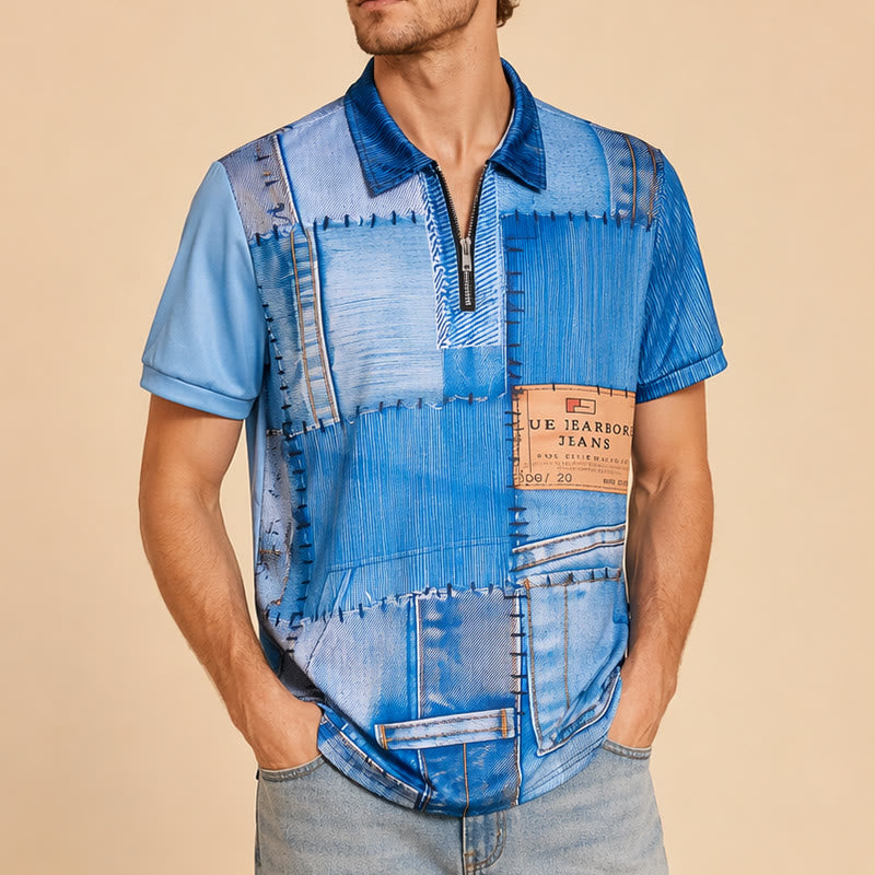 Retro Blue Denim Patchwork 3D Print Zip Collar Polo Shirt - image 3