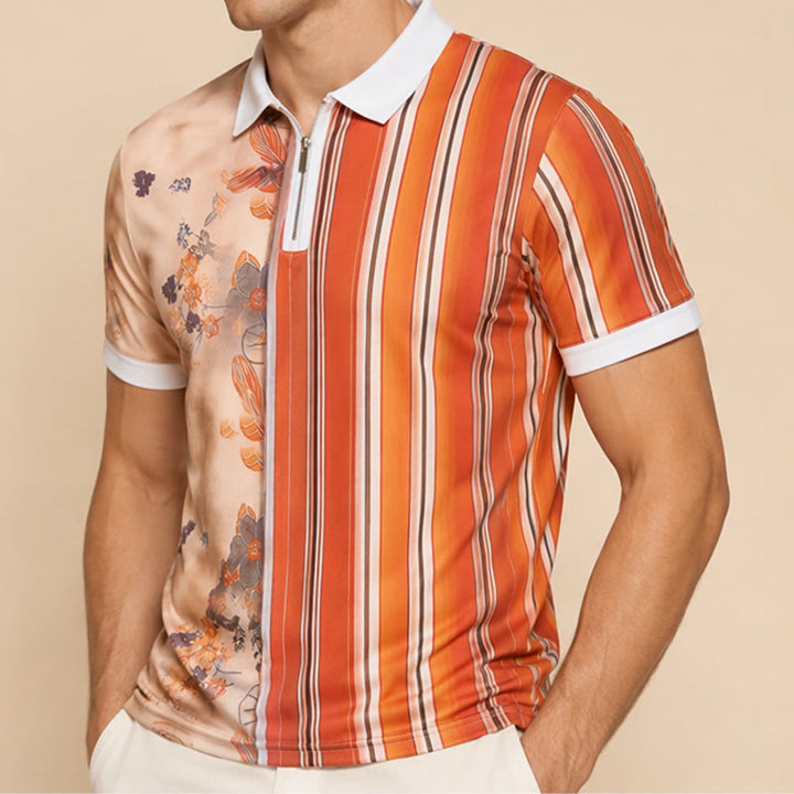 Floral Striped Split-Design 3D Print Zip Collar Polo Shirt - image 3