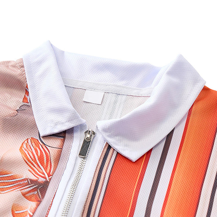 Floral Striped Split-Design 3D Print Zip Collar Polo Shirt - image 4