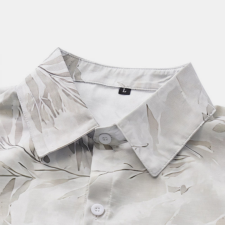 Men's Vintage Grey Leaf Floral Print Light Mature Casual Shirt - image 4