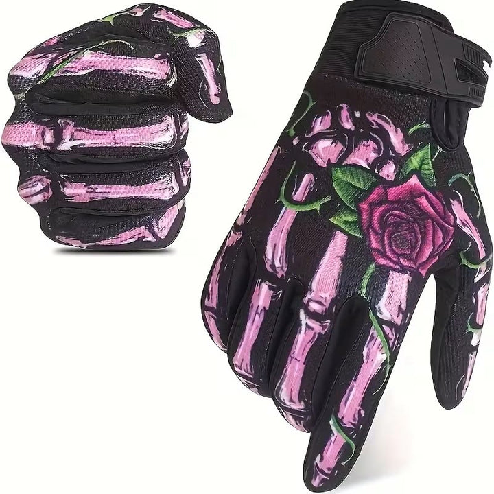 Rose Skeleton Motorcycle Touchscreen Full Finger Tactical Gloves - Pink - XL - image 0