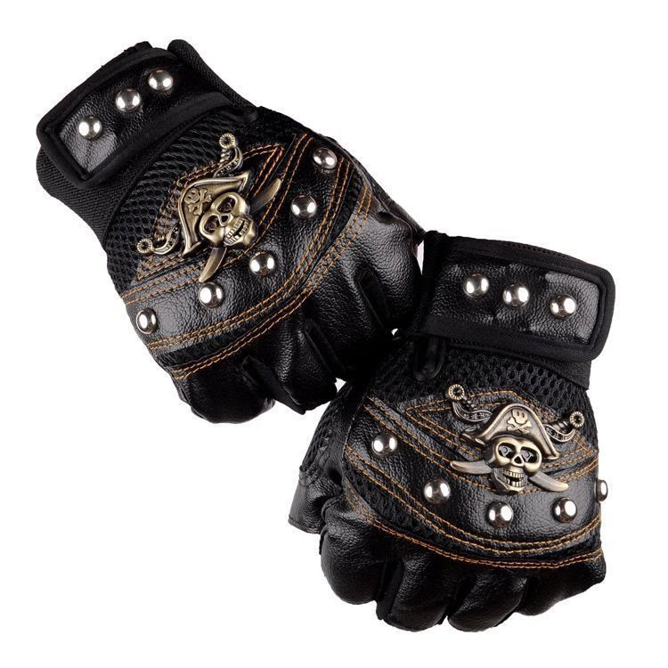 Pirate Biker Skull Studded Leather Half Finger Outdoor Gloves - Black - One Size - image 0