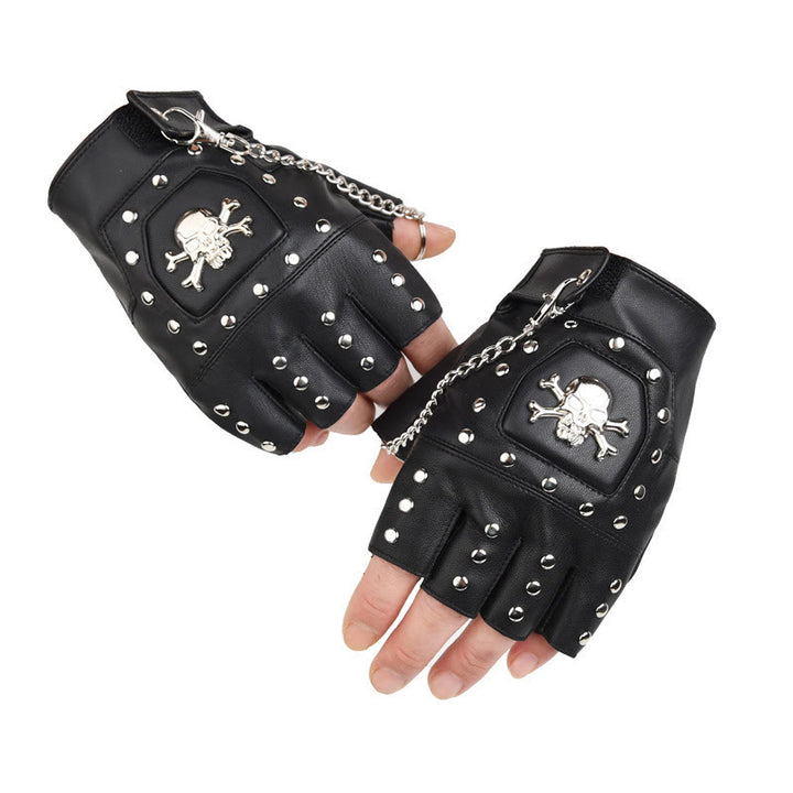 Black Skull Studded Half-Finger Motorcycle Gloves With Chain - Black - One Size - image 0