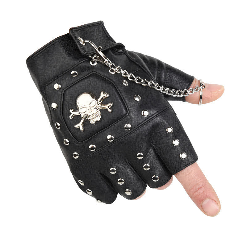 Black Skull Studded Half-Finger Motorcycle Gloves With Chain - image 6