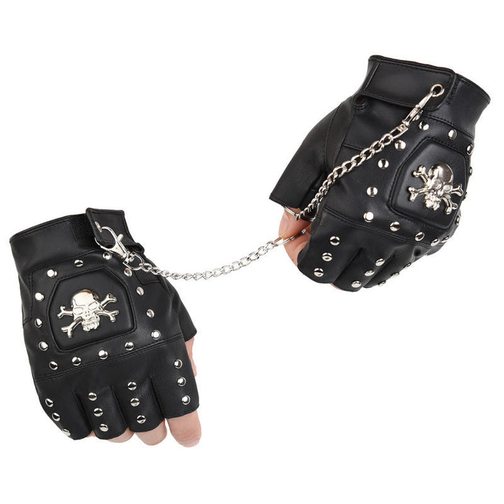 Black Skull Studded Half-Finger Motorcycle Gloves With Chain - image 4