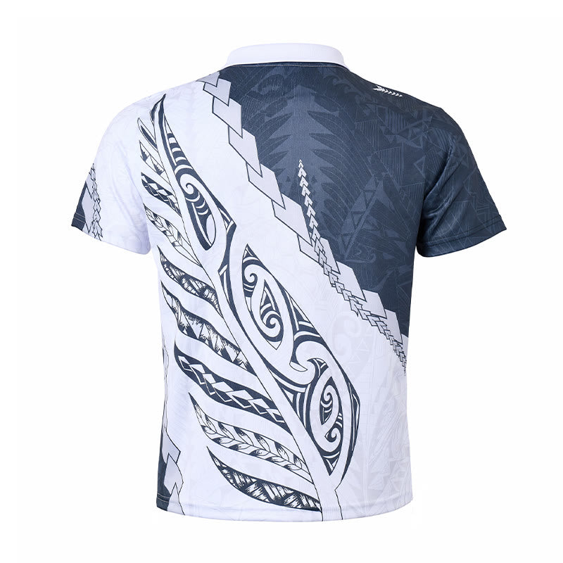 Black & White Polynesian Pattern 3D Print Zipper Collar Polo Shirt - image 10