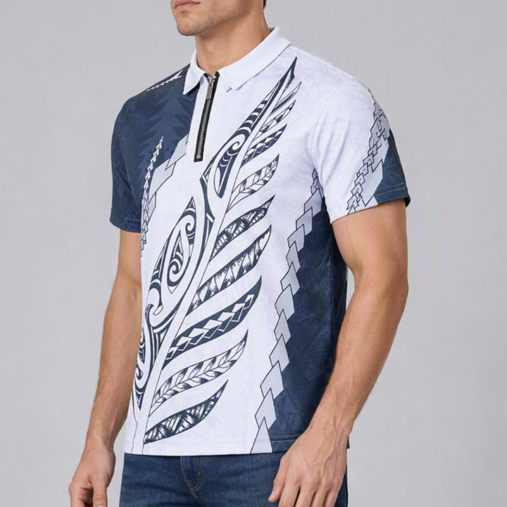 Black & White Polynesian Pattern 3D Print Zipper Collar Polo Shirt - image 2