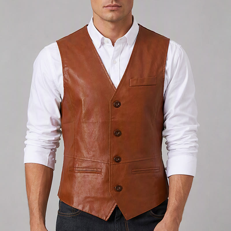 Men's Vintage Cowboy Biker Faux Leather Western Vest - image 1