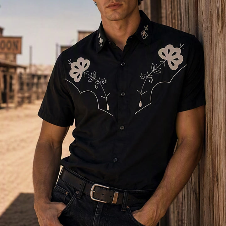 Black Western Floral Printed Cowboy Yoke Shirt - Black - 5XL - image 0