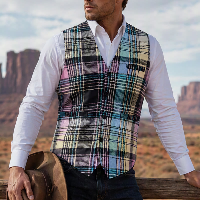 Colorful Tartan Plaid Statement Festive Suit Vest - Multi-Color - 3XL - image 0