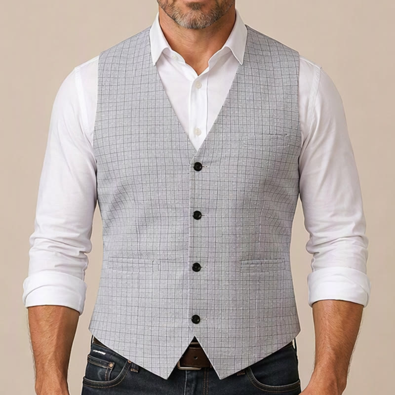 Minimalist Silver Grey Grid Pattern V-Neck Suit Vest - image 1