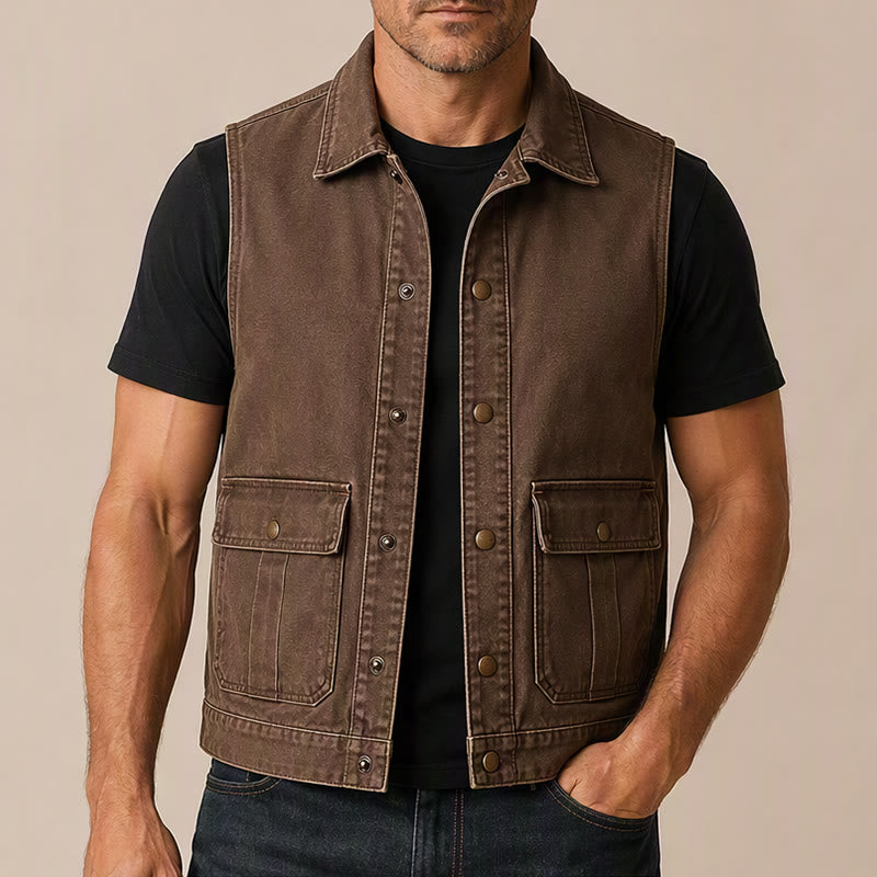 Men's Vintage Washed Brown Canvas Workwear Vest - image 1