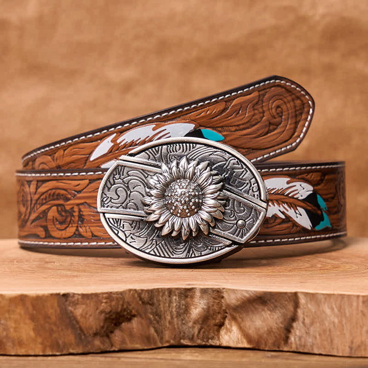Men's DIY Sunflower Hidden Folding Knife Leather Belt - Sunflower - Brown Feather Belt - 40 - image 11