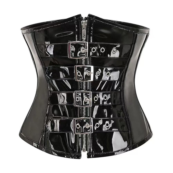 Women Shiny PU Corset Front Zipper Waist Trainer Tummy Control Body Shaper - Black - 2XL - image 1