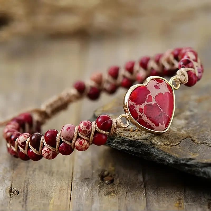 Heart Natural Stone Macrame Adjustable Love Bracelet - Red - image 9
