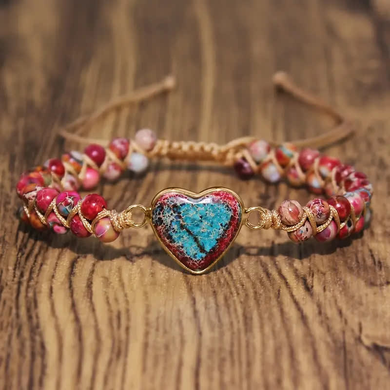 Heart Natural Stone Macrame Adjustable Love Bracelet - Rose Red - image 6
