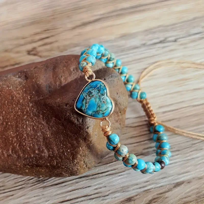 Heart Natural Stone Macrame Adjustable Love Bracelet - Blue Turquoise - image 8
