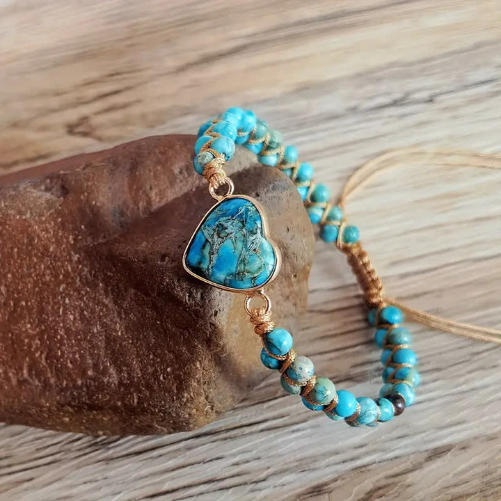 Heart Natural Stone Macrame Adjustable Love Bracelet - Blue Turquoise - image 8