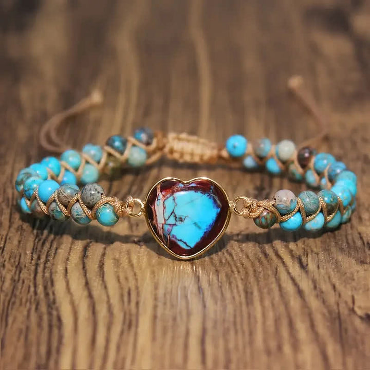 Heart Natural Stone Macrame Adjustable Love Bracelet - Red & Turquoise - image 0