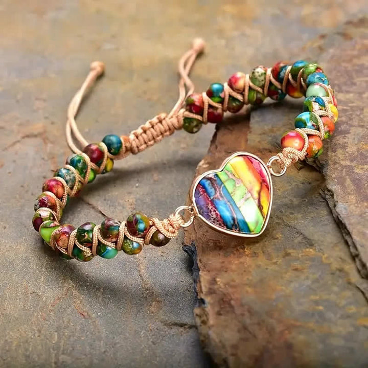 Heart Natural Stone Macrame Adjustable Love Bracelet - Rainbow - image 10
