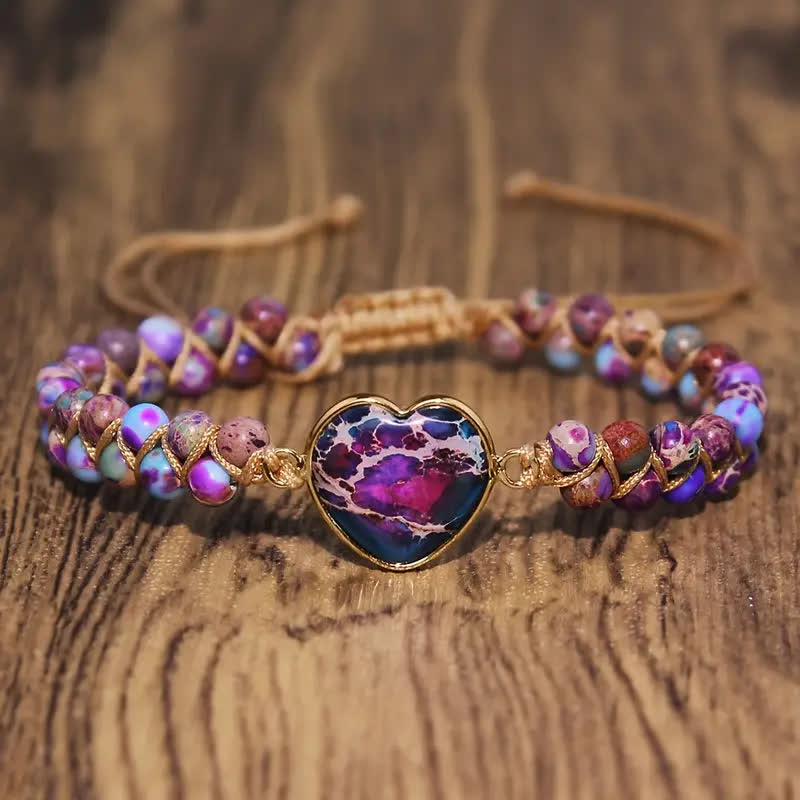 Heart Natural Stone Macrame Adjustable Love Bracelet - Purple & Blue - image 7