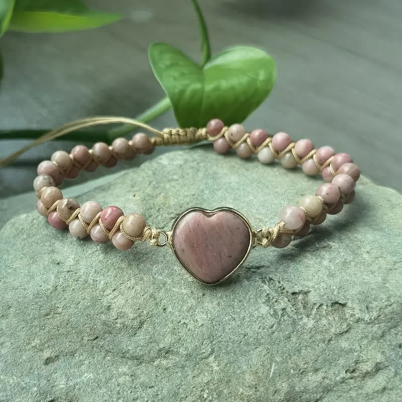 Heart Natural Stone Macrame Adjustable Love Bracelet - Peach - image 15