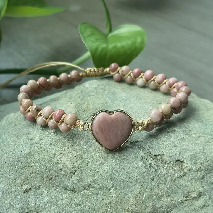 Heart Natural Stone Macrame Adjustable Love Bracelet - Peach - image 15