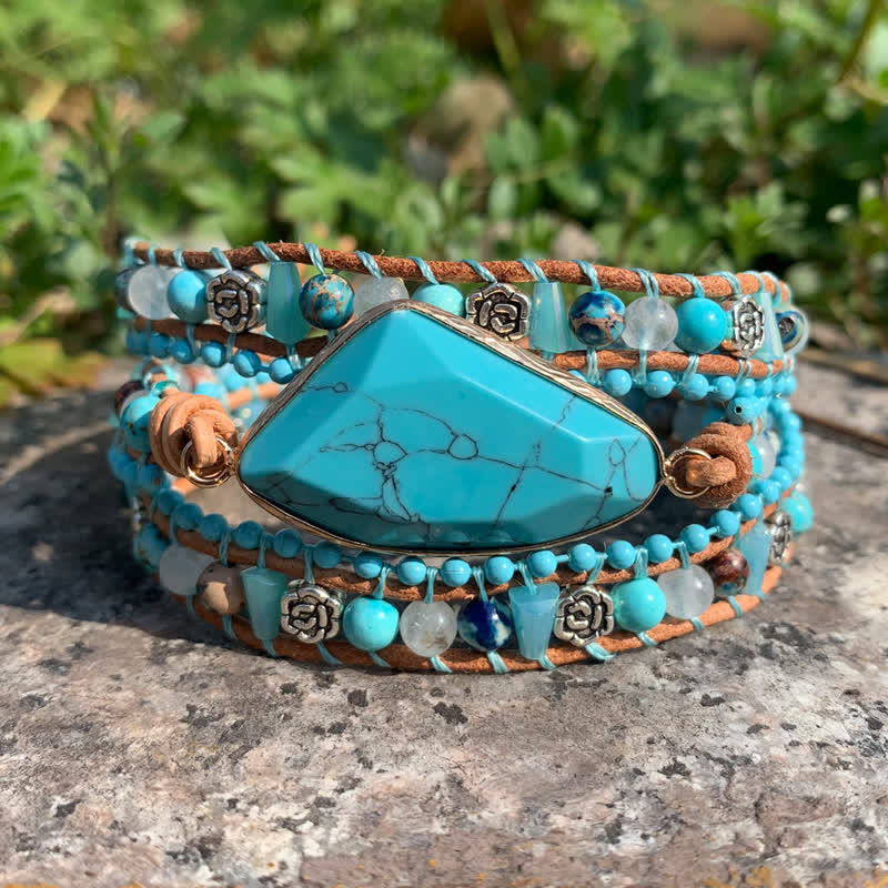Triangular Turquoise Statement Multi-Wrap Leather Bracelet - Turquoise - image 0