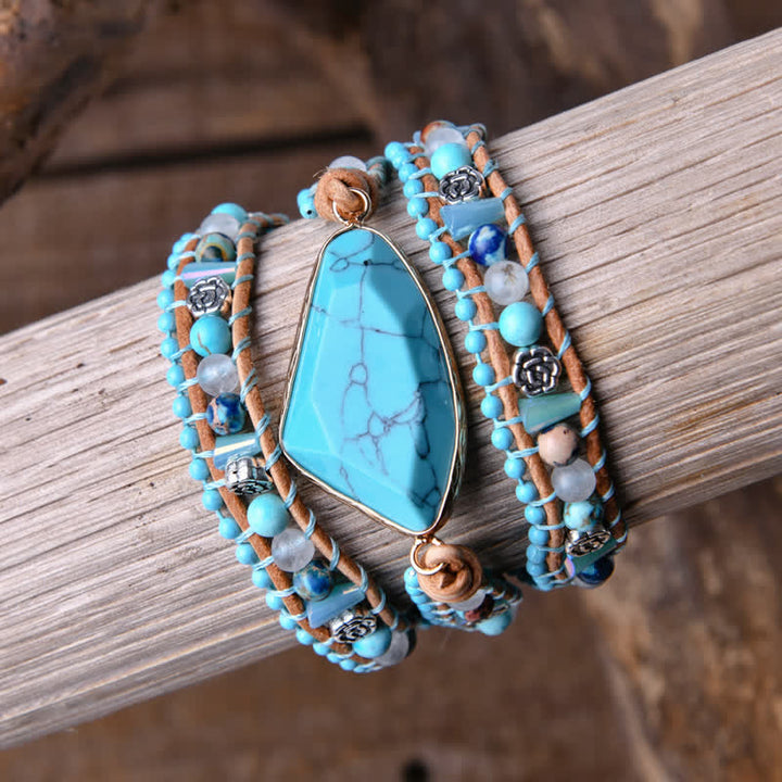 Triangular Turquoise Statement Multi-Wrap Leather Bracelet - image 3