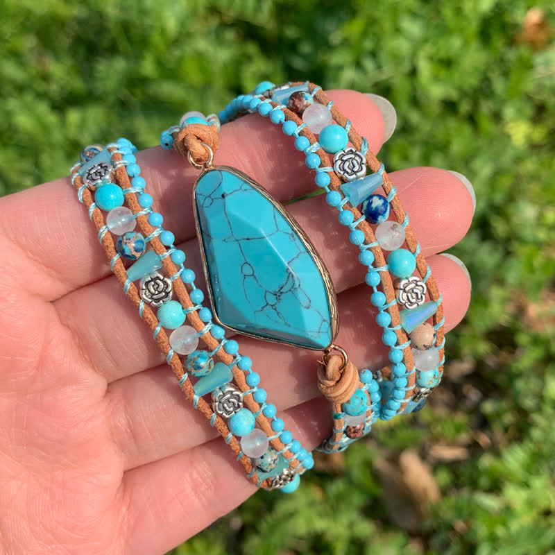 Triangular Turquoise Statement Multi-Wrap Leather Bracelet - image 1